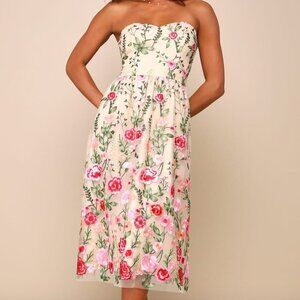 Lulu's Endless Praise Beige Floral Embroidered Strapless Midi Dress Large NWT